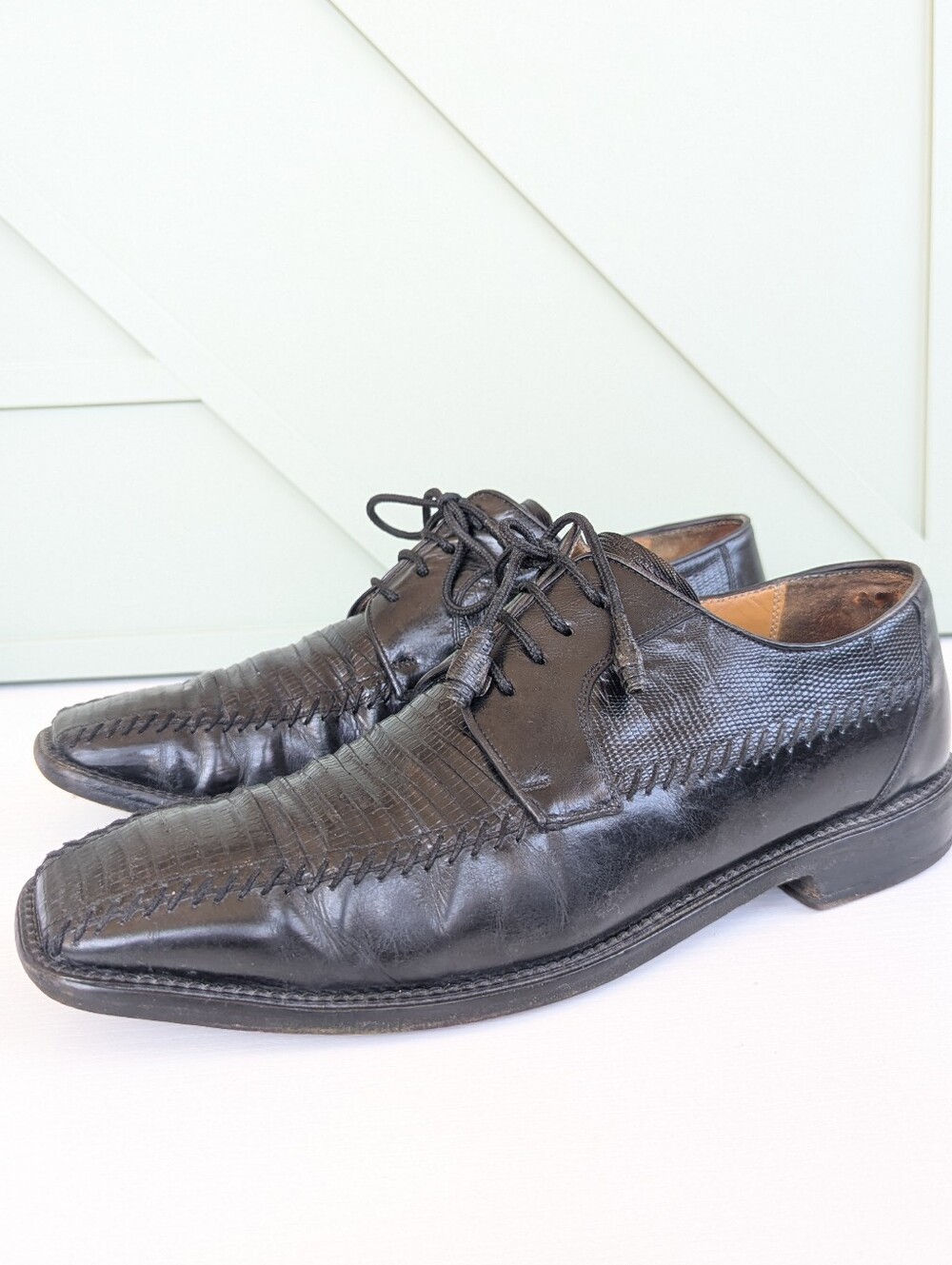 Mezlan exotic skin dress Black Leather Woven Lace-Up Oxfords